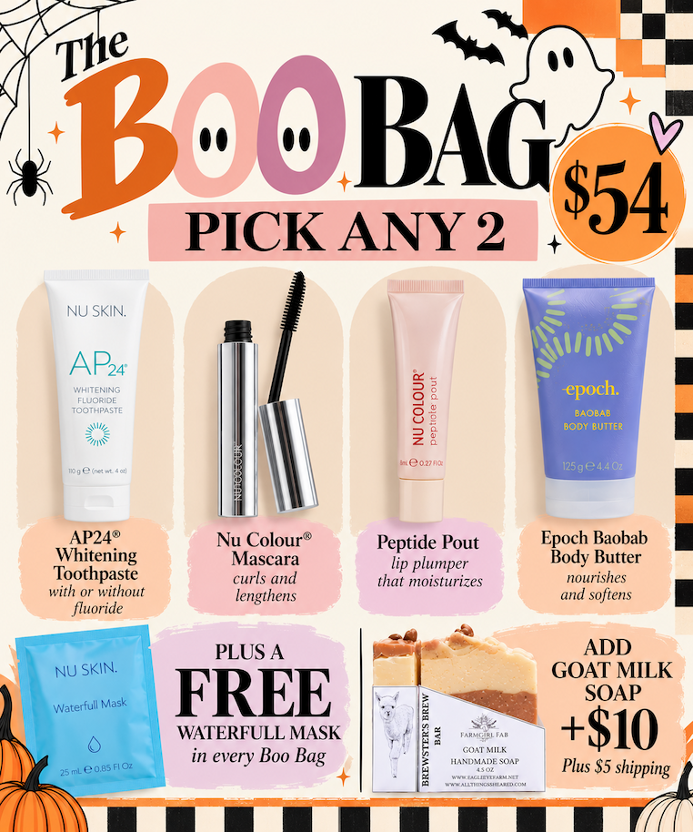 The Boo Bag, $54: pick any 2 Nu Skin favorites plus a free Waterfull Mask. Add goat milk soap for $10.