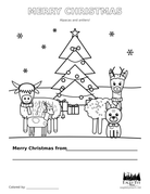 Eagle Eye Farm 2026 Christmas coloring page with an alpaca in antlers, Highland cow, goat in a Santa hat and Bentley by the tree