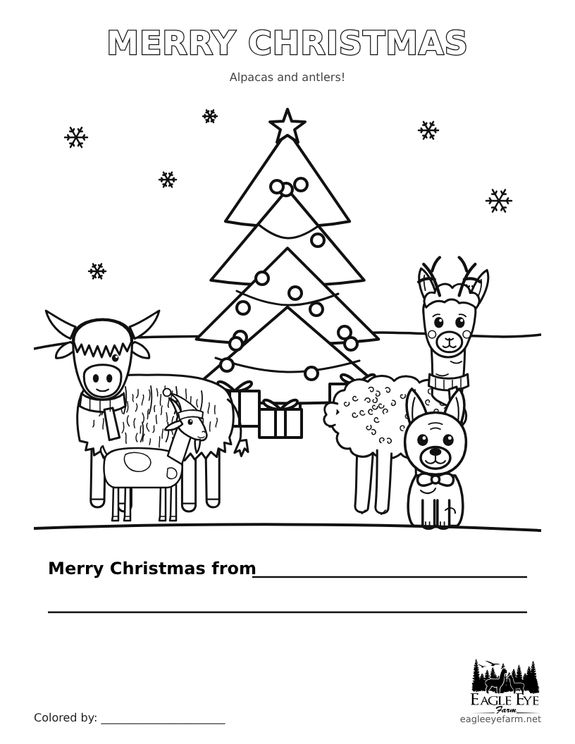 Eagle Eye Farm 2026 Christmas coloring page with an alpaca in antlers, Highland cow, goat in a Santa hat and Bentley by the tree